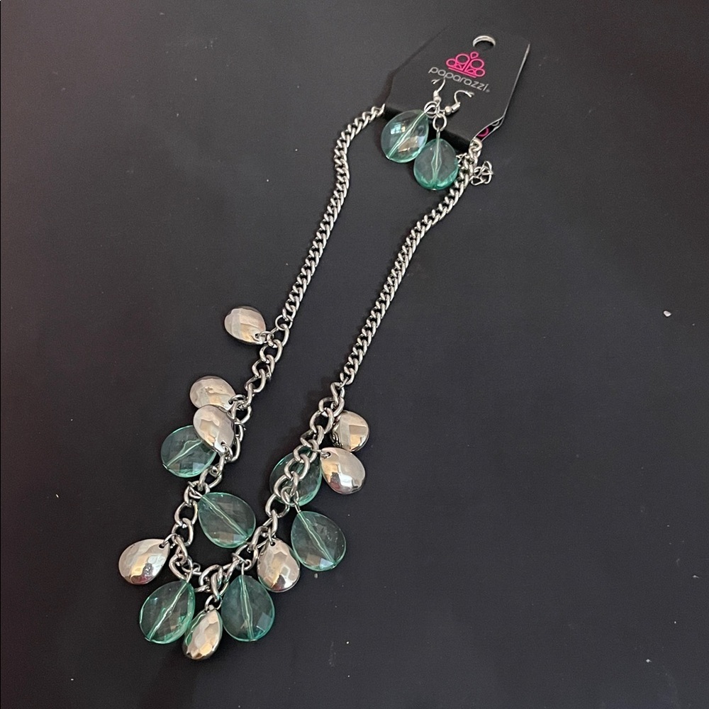 Paparazzi Silver and Teal Necklace Set with Earrings
